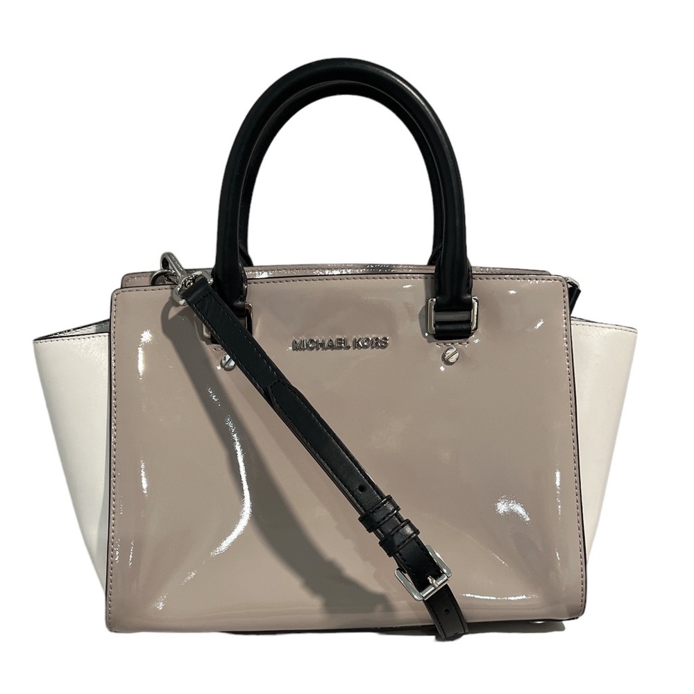 Michael Kors Beige Patent Satchel with Black Handles and White Sides